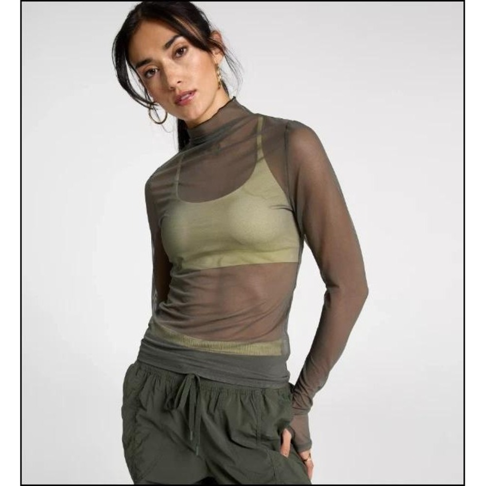 CALIA Ivy Green‎ Draped Funnel Long Sleeve Sheer Mesh Top Small WAX27 NWT